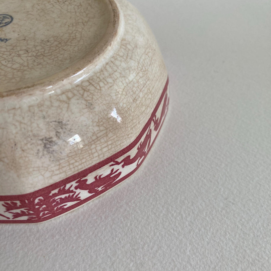 Circa 1930, German Ceramic Bowl w/ Stylized Animals & Folk Tale Imagery - EJ GERMANY - Ivory Burgundy Color Ceramic Bowl