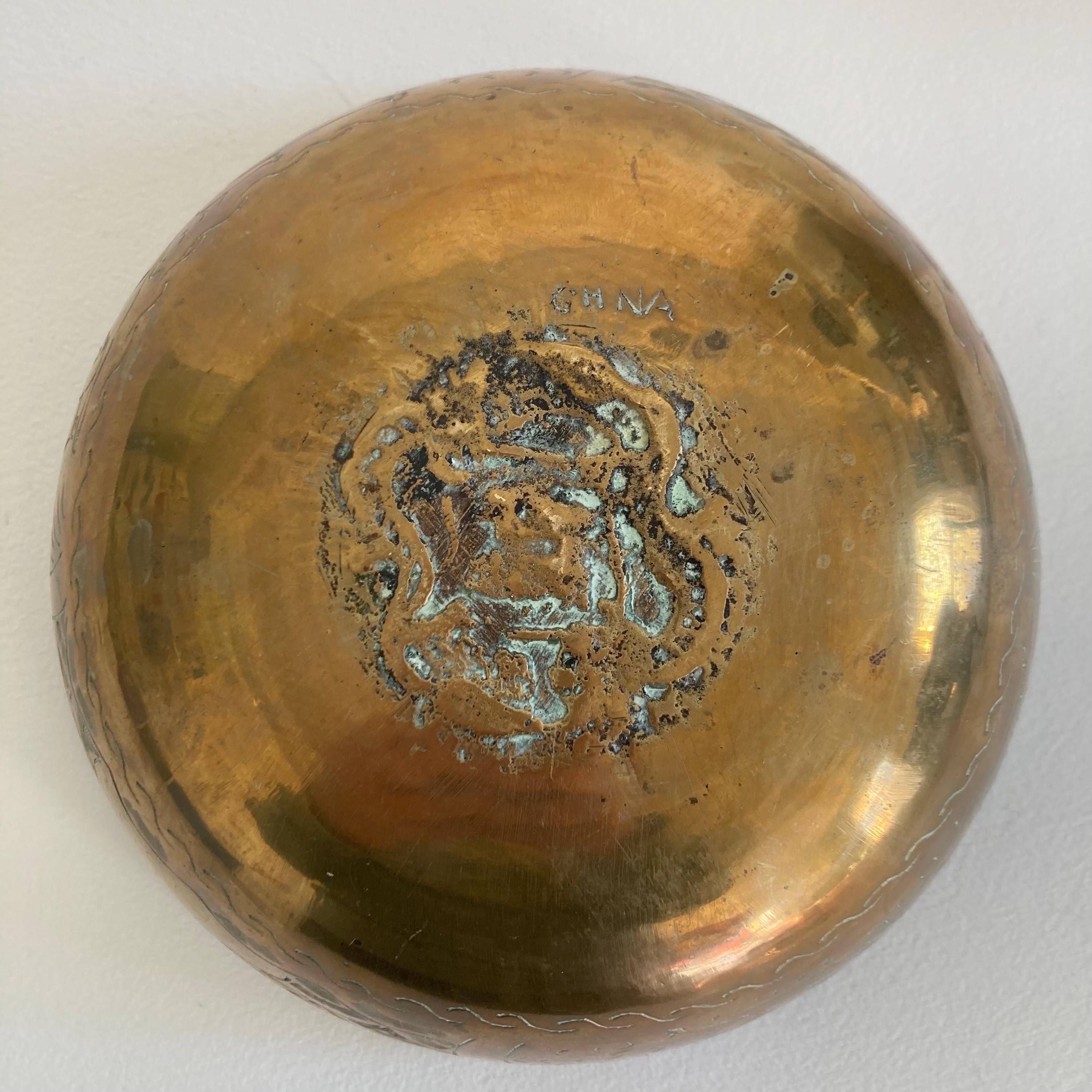 Vintage Chinese Brass Bowls - Dragon & Animal Etchings - Set of 2