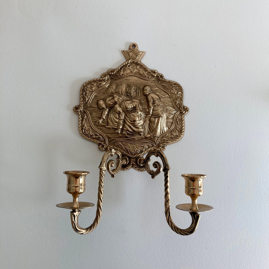 Vintage Fritz Brass Wall Sconce: Korean Peasant Scene, 1960s Style