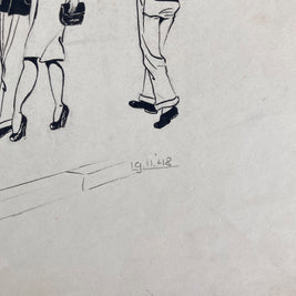 1948 Pen & Ink Sketch: Mid-Century Couple, Street Scene - Original Drawing