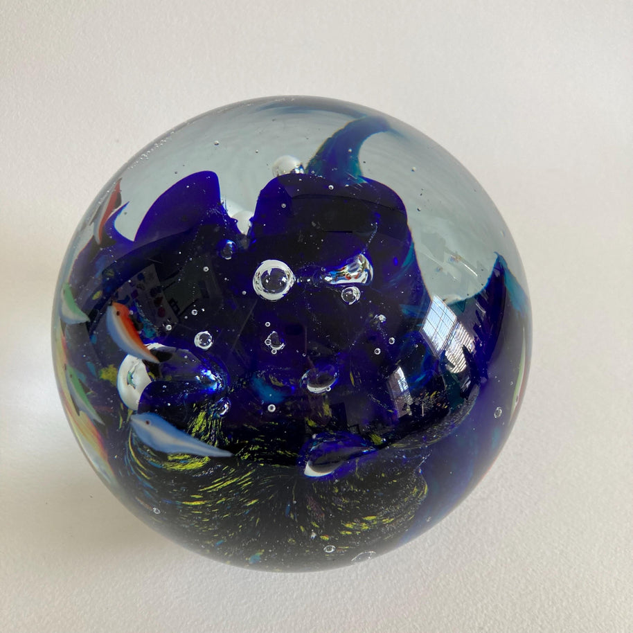 Murano Style Art Glass Paperweight: Ocean Fish Aquarium Orb (5.5