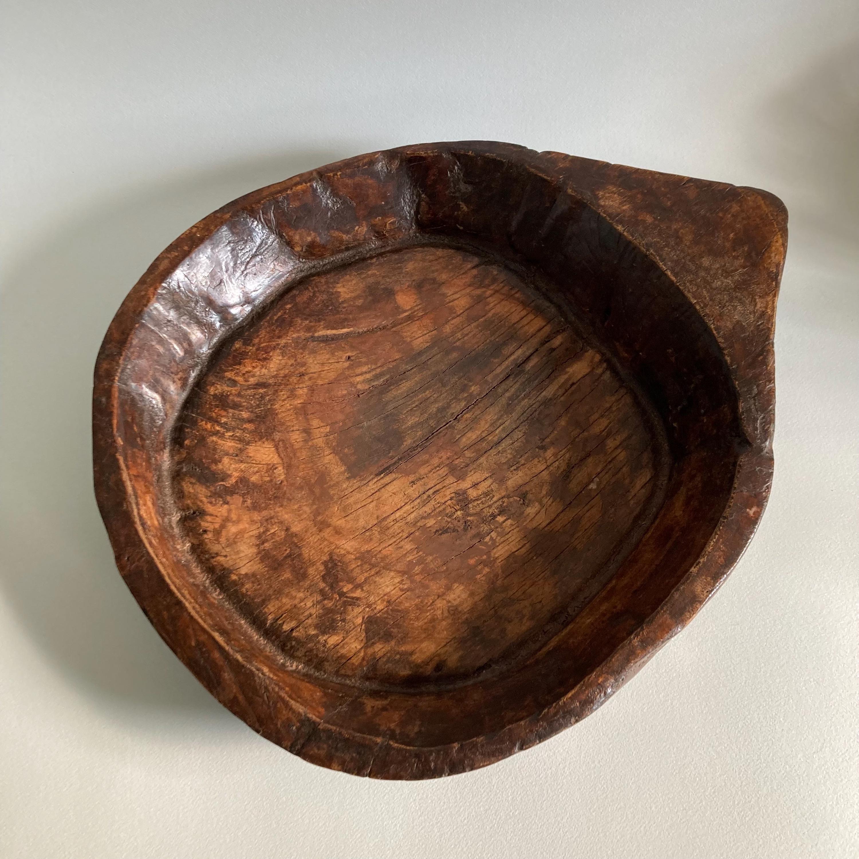 Vintage Indian Attributed Chapati Bowl: Large Patinated Wood Centerpiece