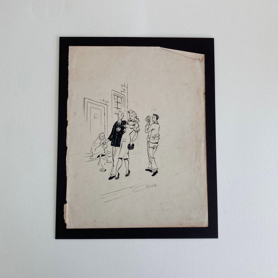 1948 Pen & Ink Sketch: Mid-Century Couple, Street Scene - Original Drawing
