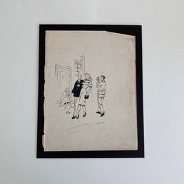 1948 Pen & Ink Sketch: Mid-Century Couple, Street Scene - Original Drawing