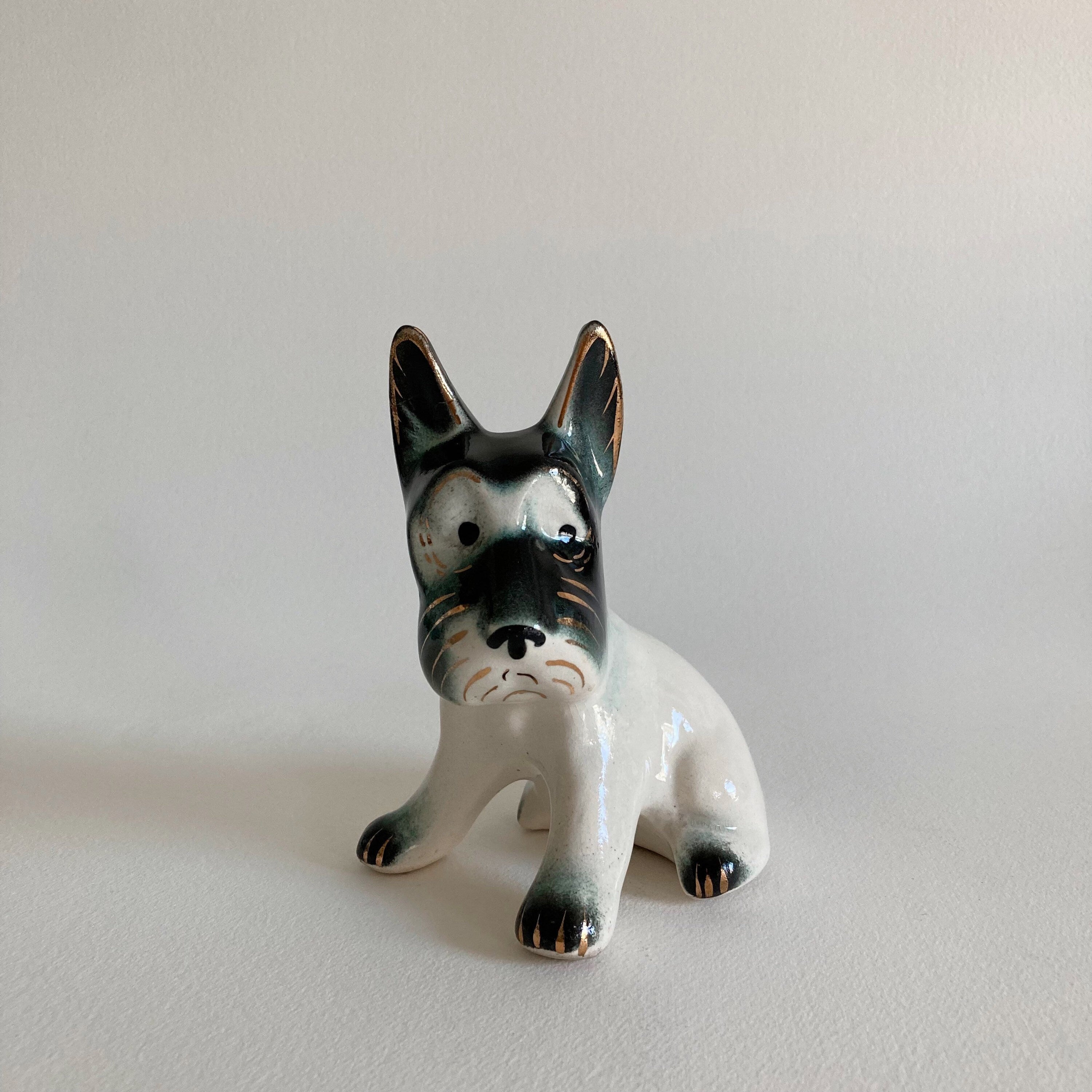 AS IS Vintage 1930s Scottie Dog Statue: Ceramic Scottish Terrier with Gold Accents