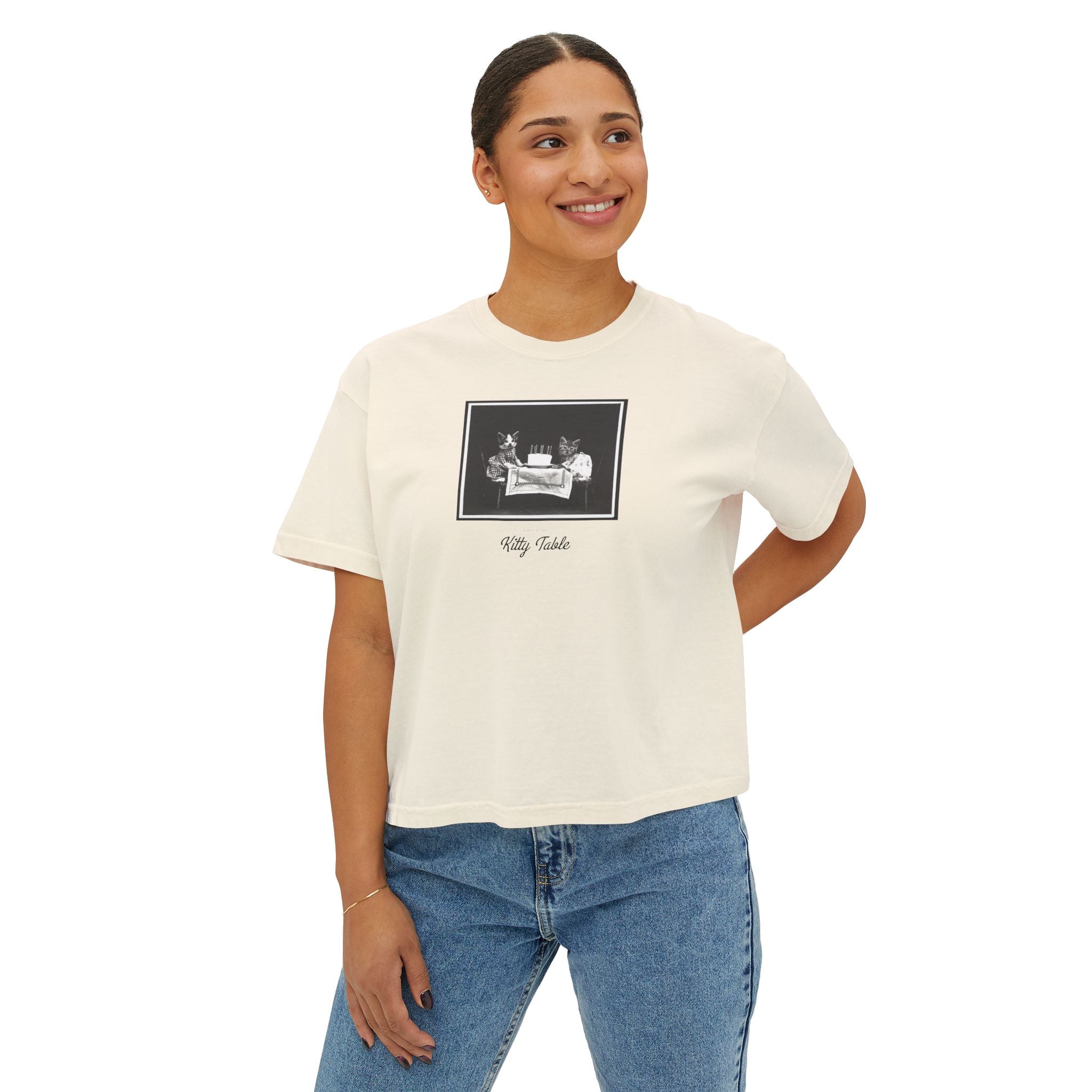 SOLID PHOTO TEST ... Boxy Tee — Vintage 'Kitty Table' Black & White Graphic Women's Crop Tee