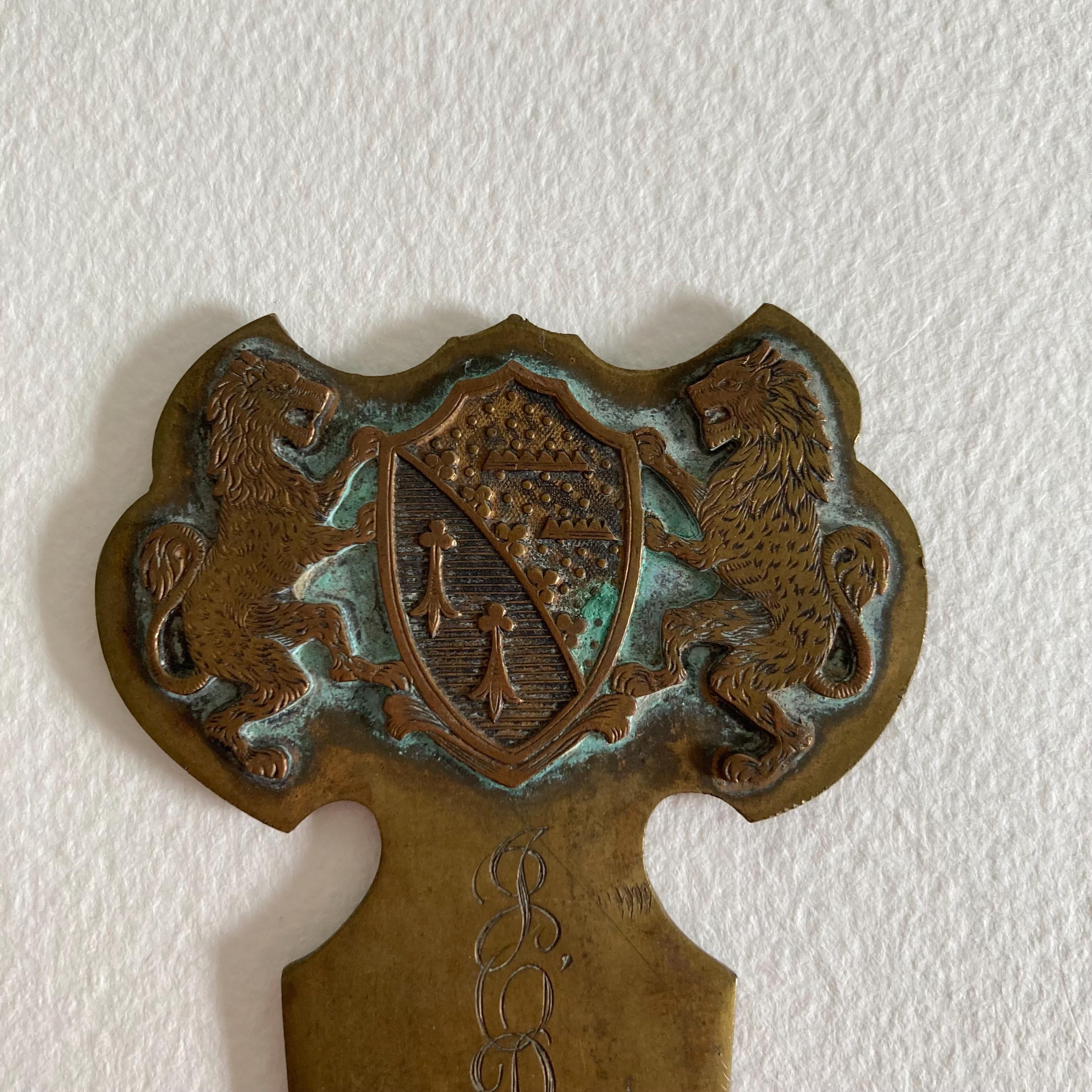Vintage Brass Letter Opener: Lion Crest Handle, Monogrammed