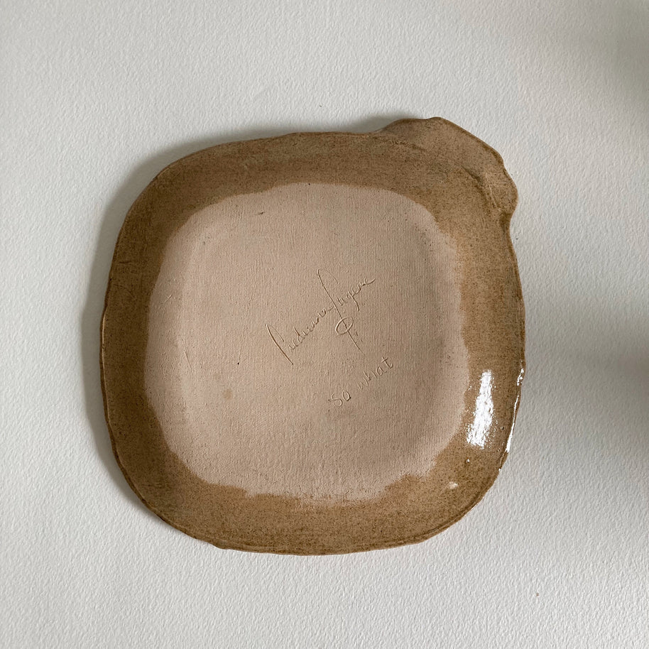 Artist Made Pottery Plate: Tribal Faces, Speckled Tan Glaze, Signed