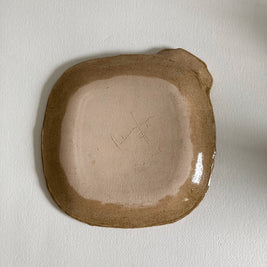 Artist Made Pottery Plate: Tribal Faces, Speckled Tan Glaze, Signed