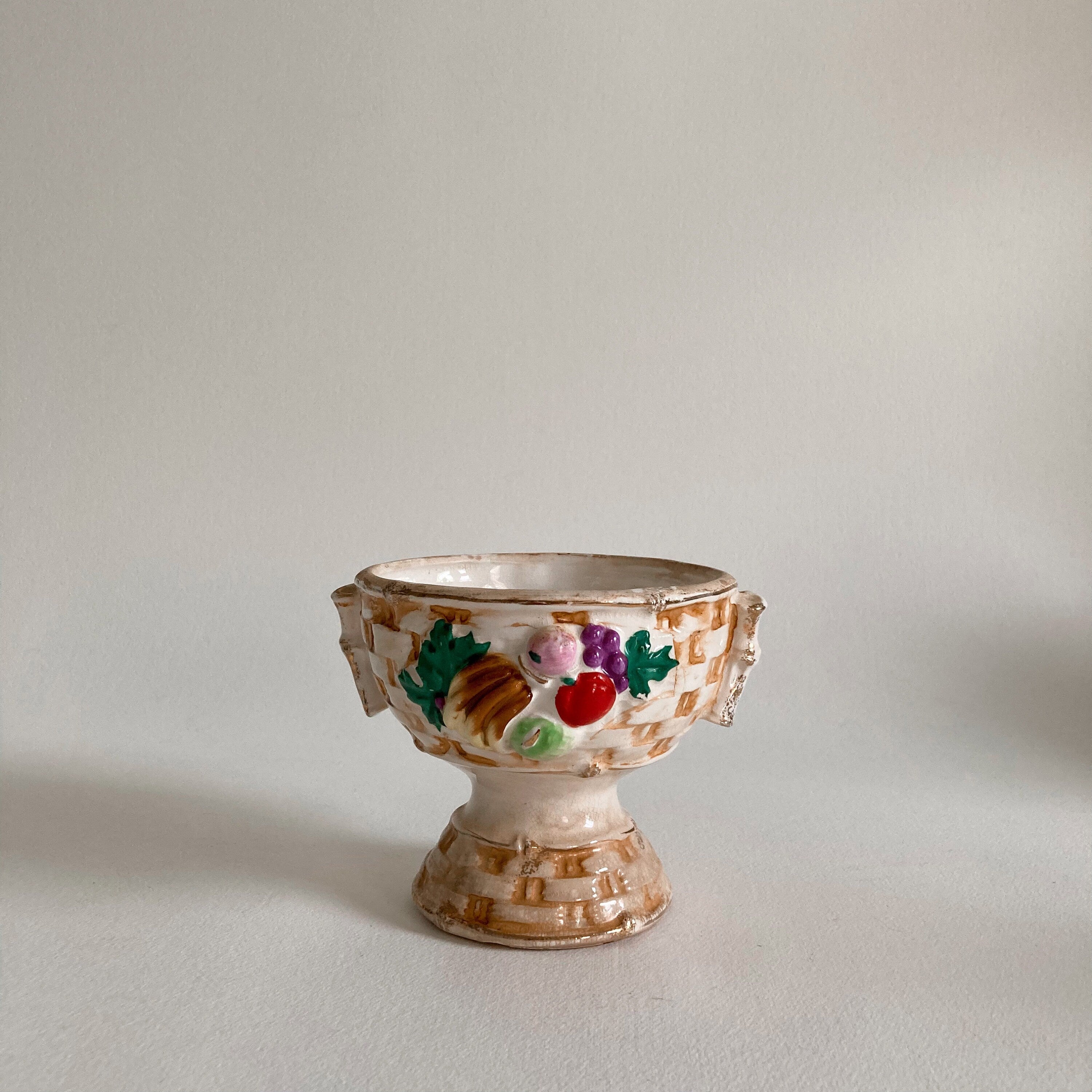 1930s Japanese Ceramic Compote Bowl: Fruit Basket Weave, Gold Rim