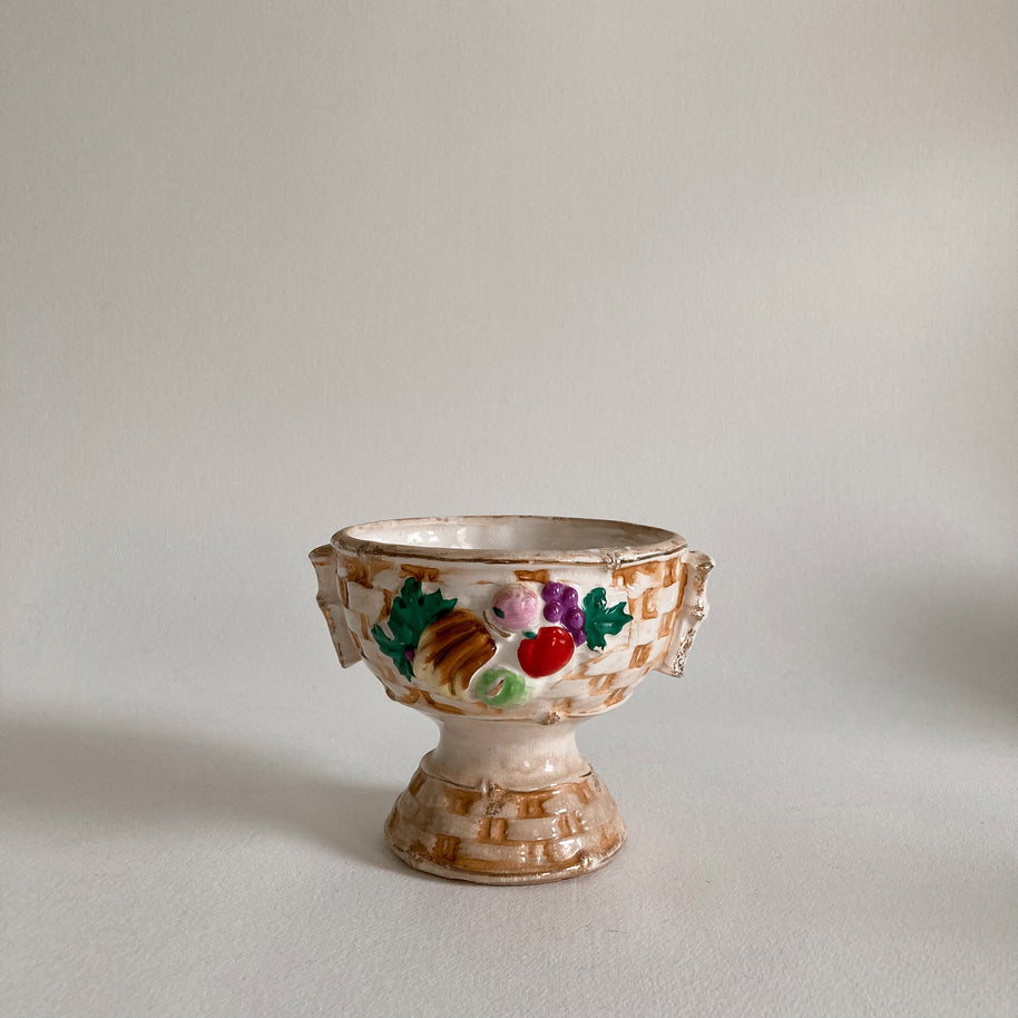 1930s Japanese Ceramic Compote Bowl: Fruit Basket Weave, Gold Rim