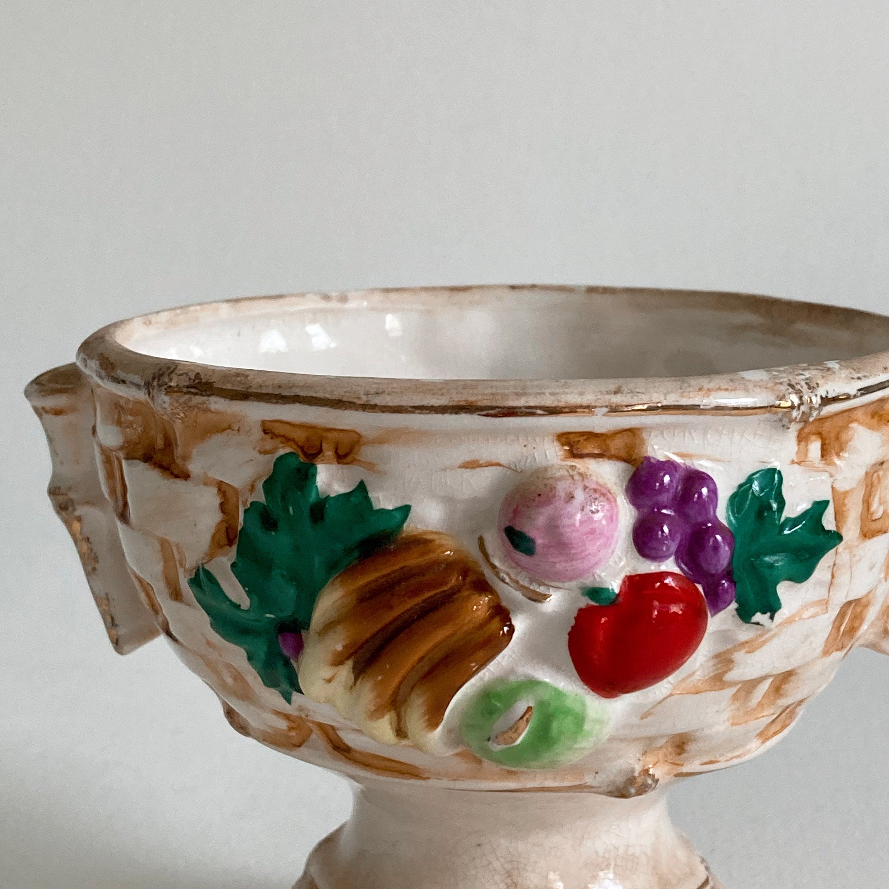 1930s Japanese Ceramic Compote Bowl: Fruit Basket Weave, Gold Rim