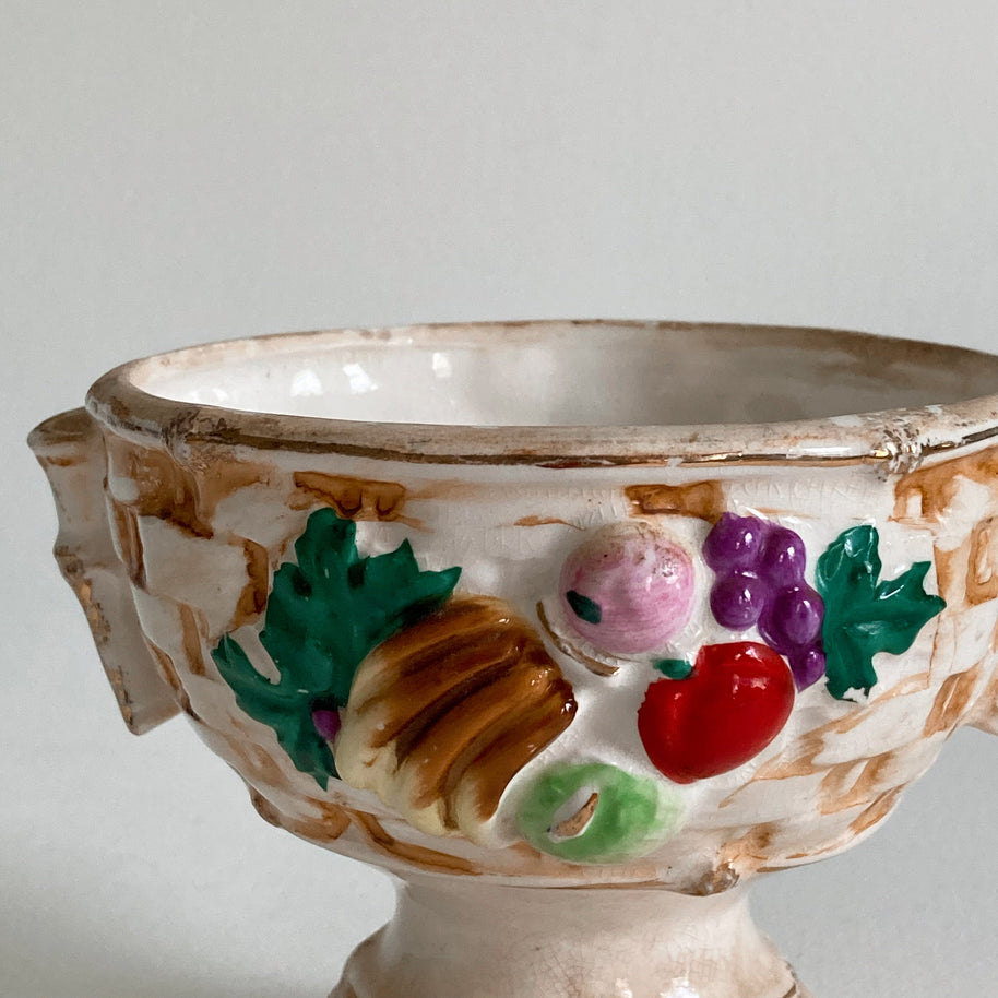 1930s Japanese Ceramic Compote Bowl: Fruit Basket Weave, Gold Rim