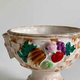 1930s Japanese Ceramic Compote Bowl: Fruit Basket Weave, Gold Rim