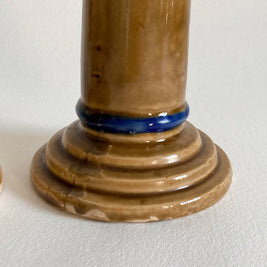Hand Painted Ceramic Candlestick Pair: Crackle Glaze, Cobalt Blue Detail