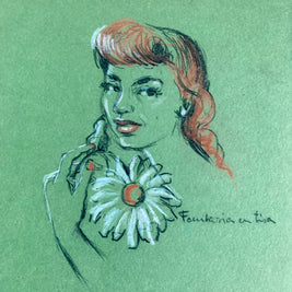Mid-Century Pastel Portrait: Woman with Flower, Green Paper (12x8)