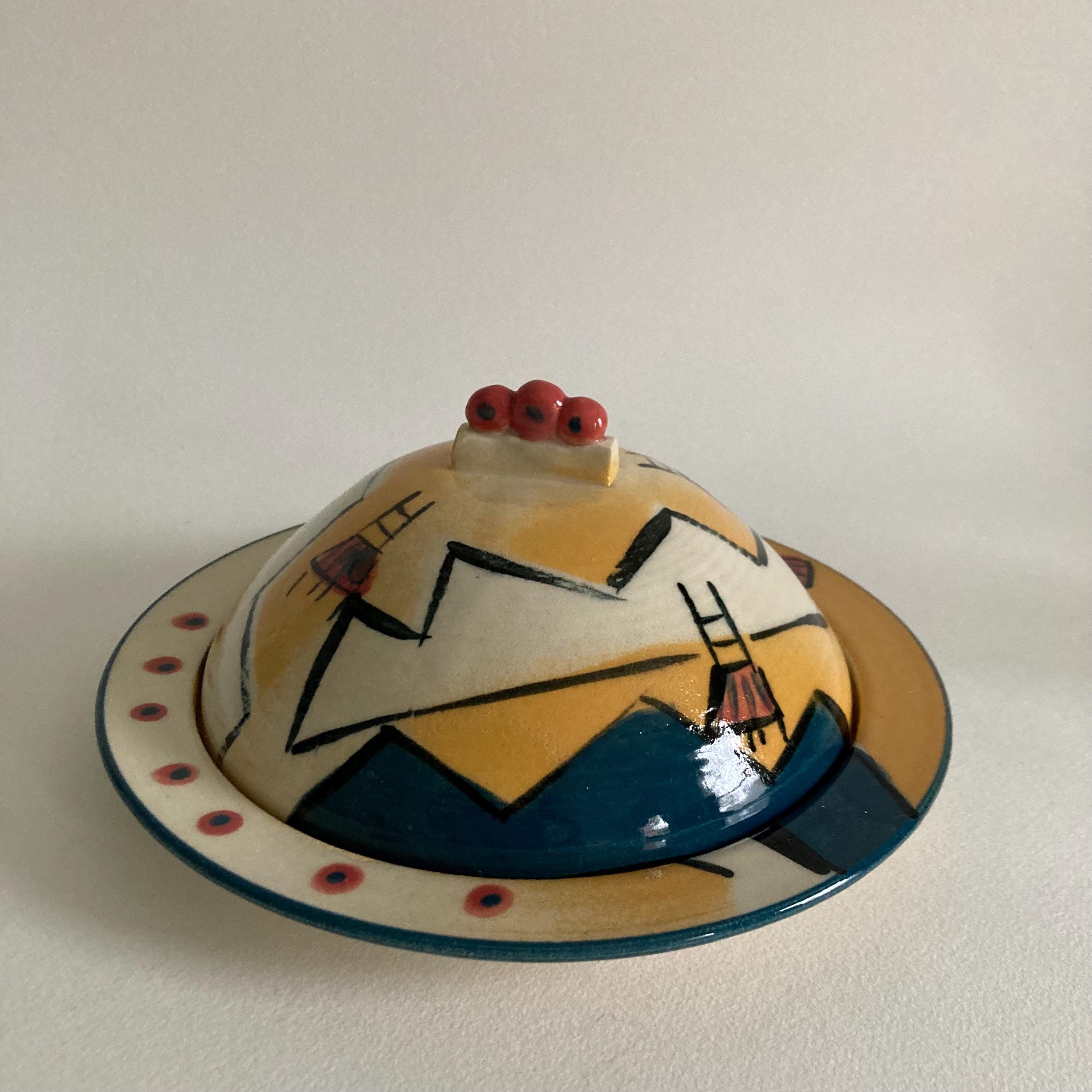 Artist Signed Ceramic Butter Dish: Abstract Mountain & Chair Design