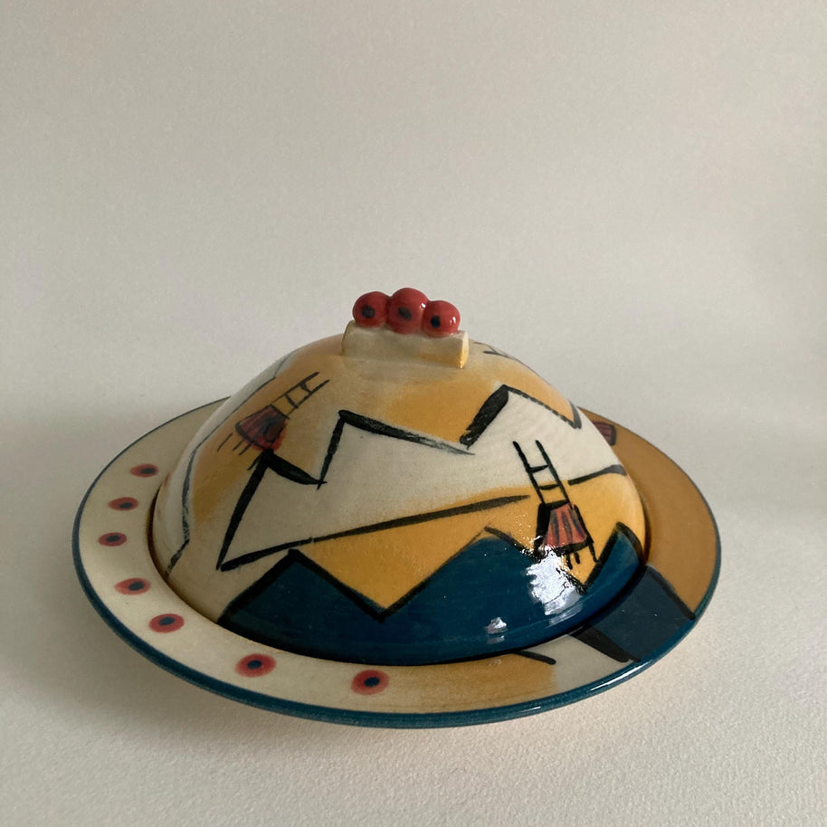 Artist Signed Ceramic Butter Dish: Abstract Mountain & Chair Design