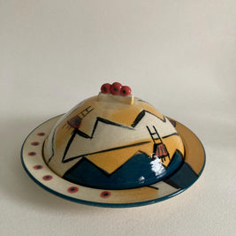 Artist Signed Ceramic Butter Dish: Abstract Mountain & Chair Design