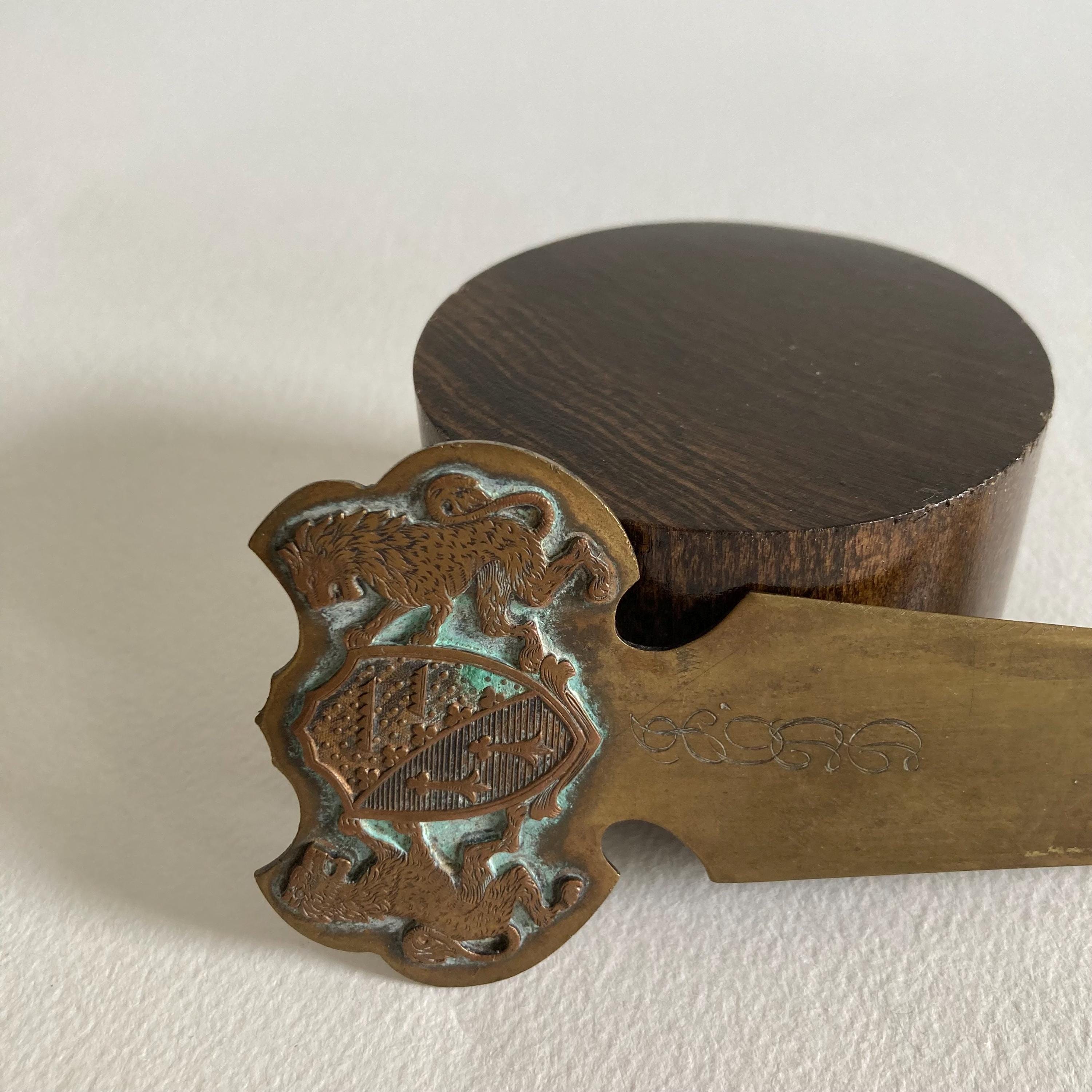 Vintage Brass Letter Opener: Lion Crest Handle, Monogrammed