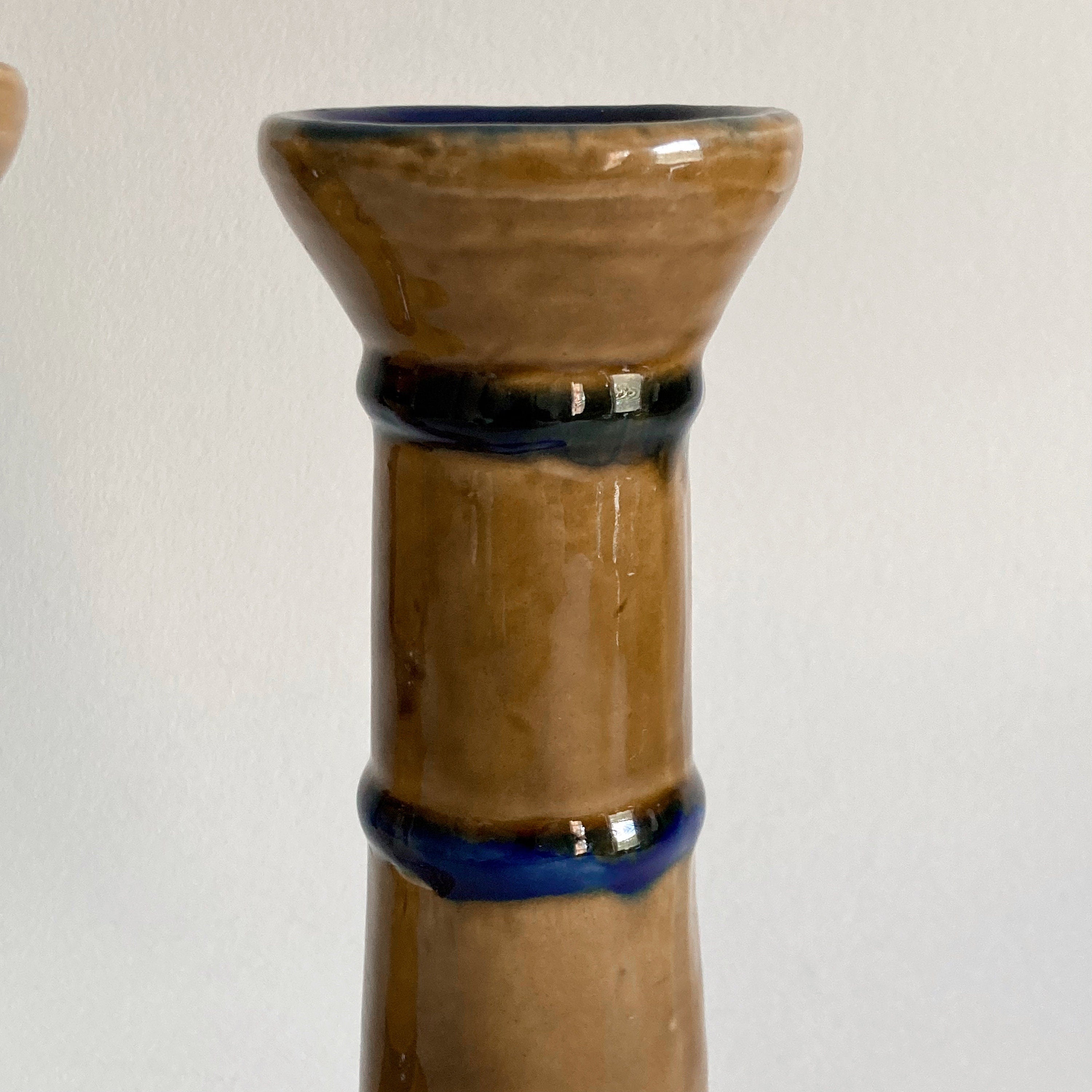 Hand Painted Ceramic Candlestick Pair: Crackle Glaze, Cobalt Blue Detail