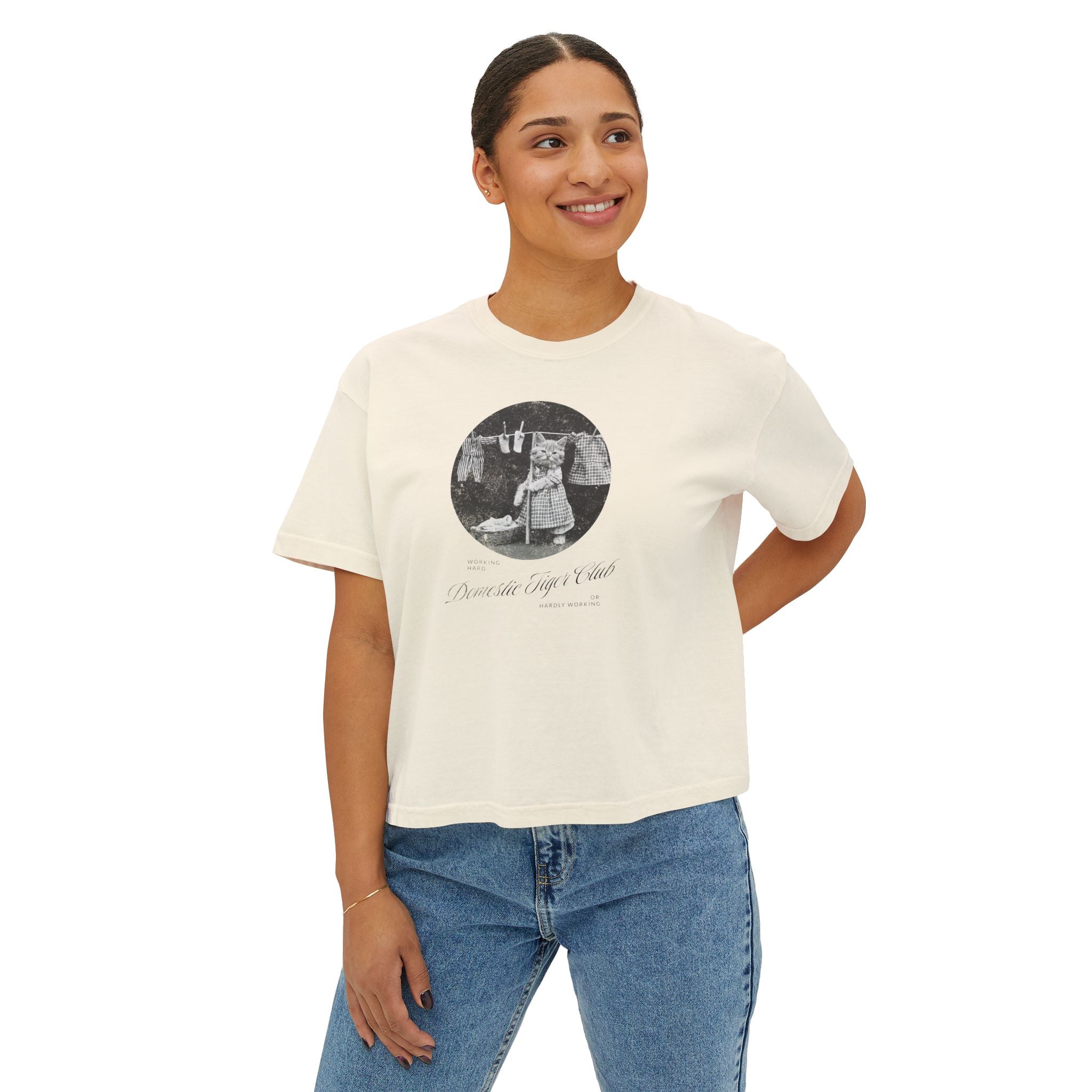 DISTRESSED PHOTO TEST ... Boxy Tee — Vintage 'Kitty Table' Black & White Graphic Women's Crop Tee