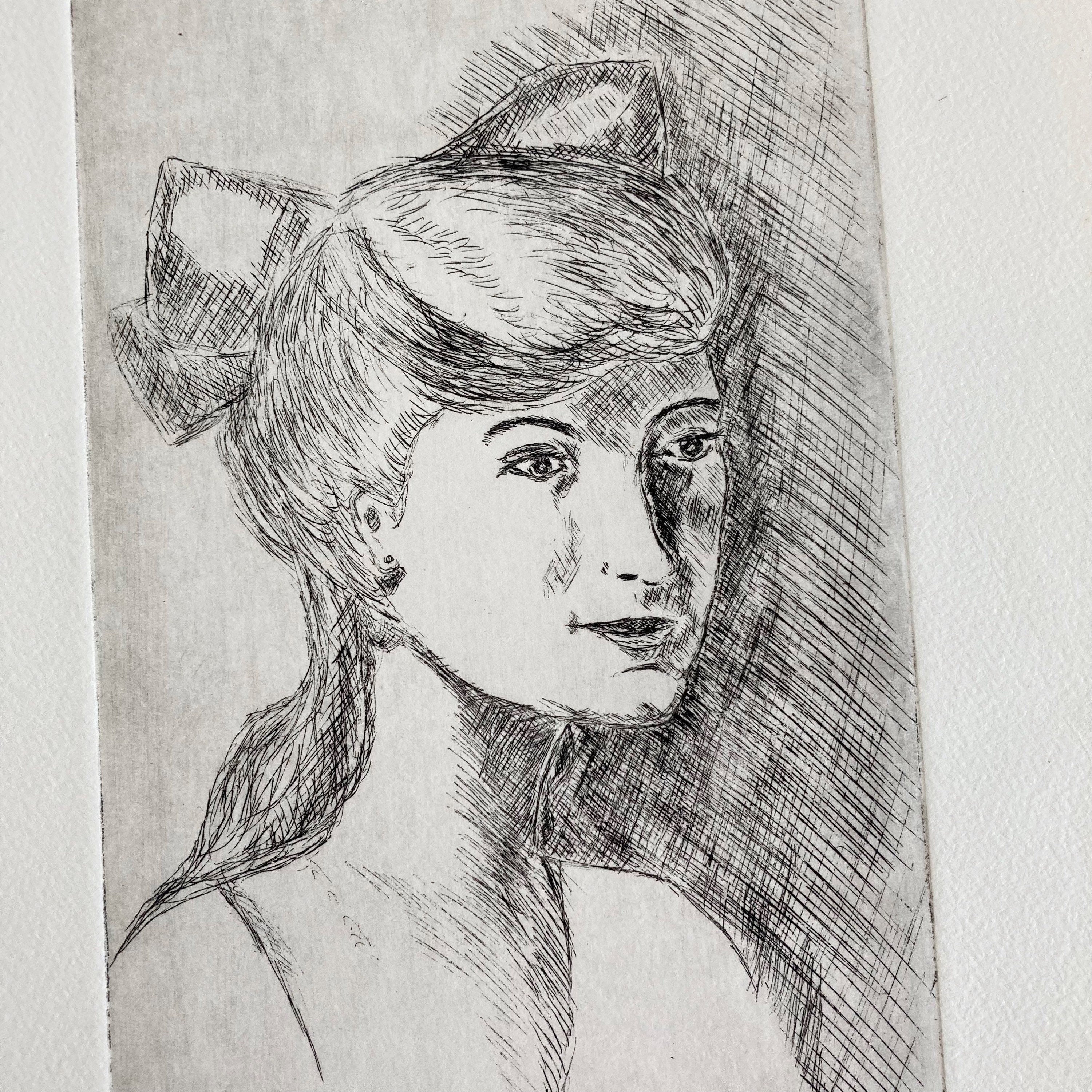 Mid-Century Etching: Young Woman Portrait, 1950s Female Artwork