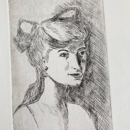 Mid-Century Etching: Young Woman Portrait, 1950s Female Artwork