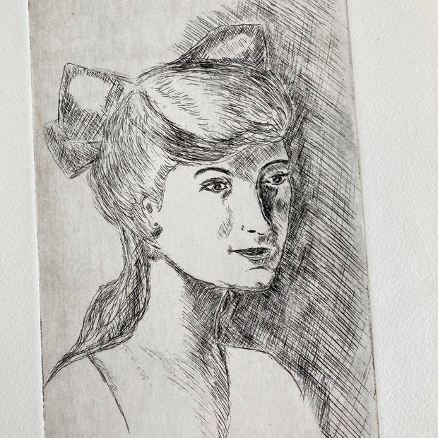 Mid-Century Etching: Young Woman Portrait, 1950s Female Artwork