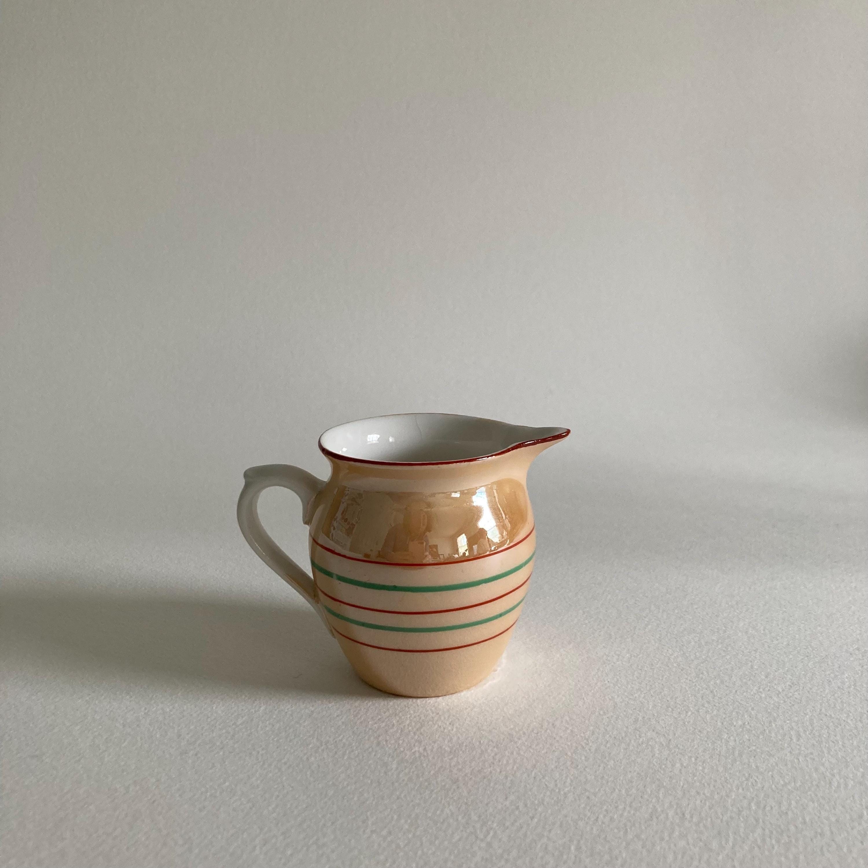 1930s Peach Lusterware Creamer: Striped Ceramic Pitcher, Czechoslovakia