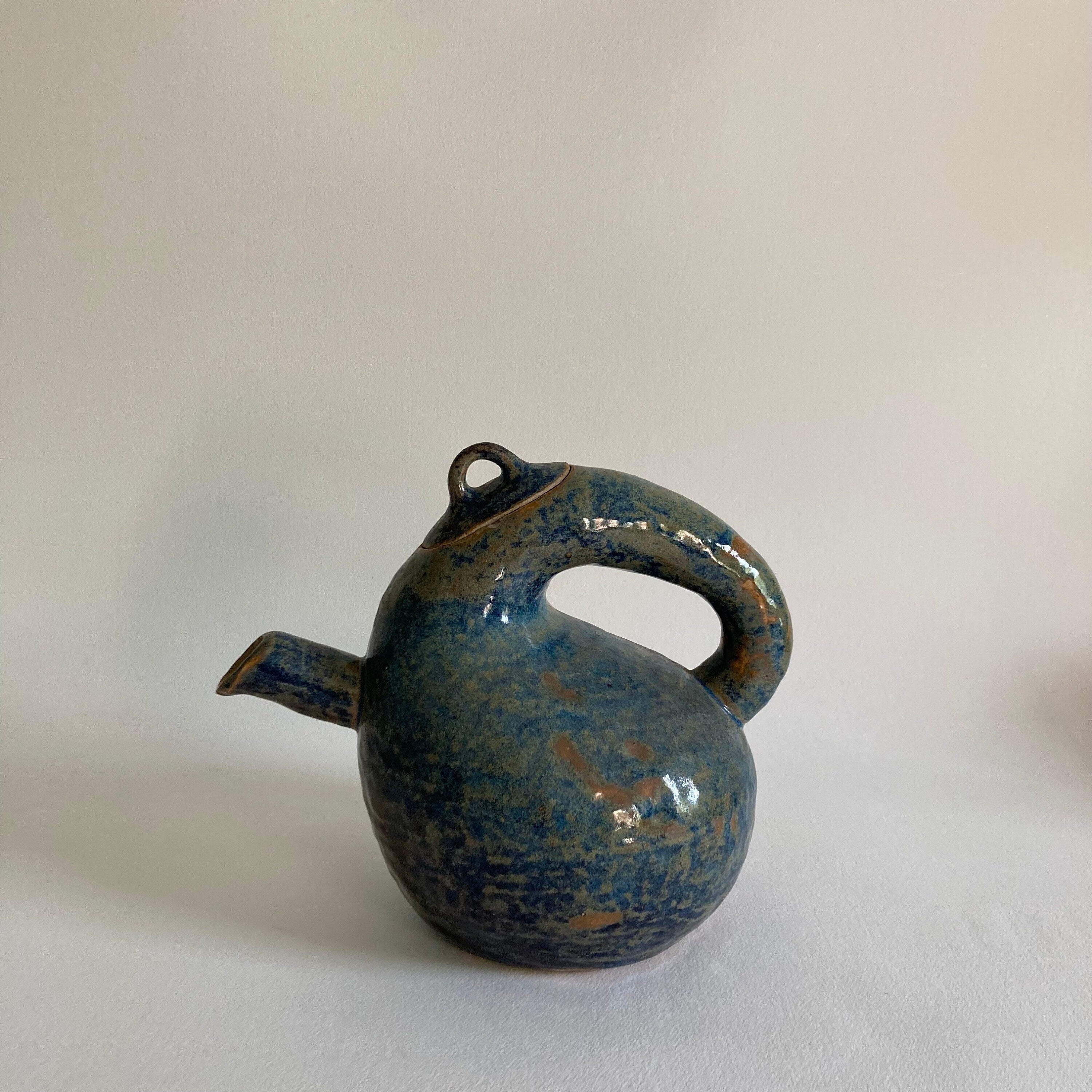 Artist Signed Studio Pottery Teapot: Mottled Blue Green Glaze, 20th Century
