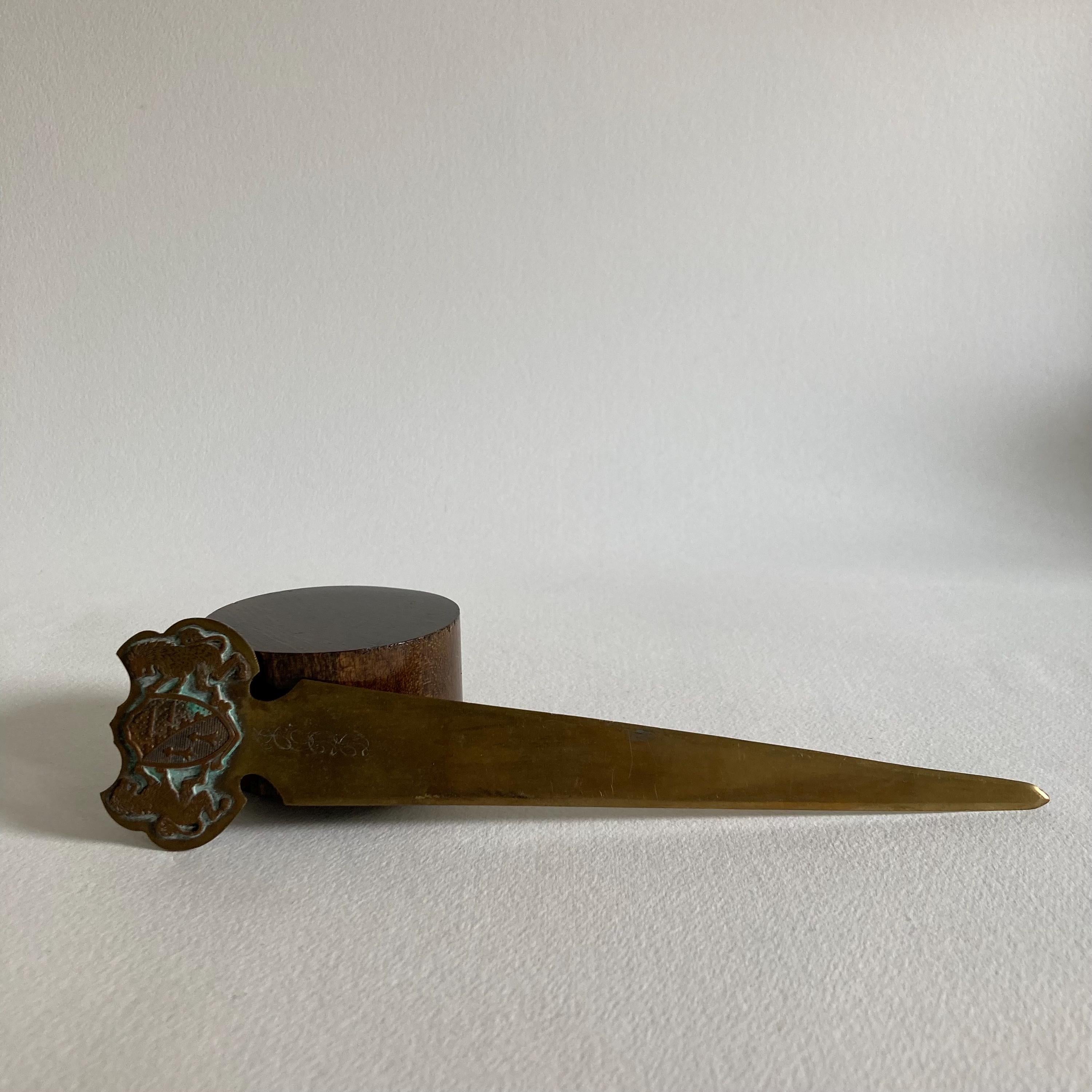 Vintage Brass Letter Opener: Lion Crest Handle, Monogrammed