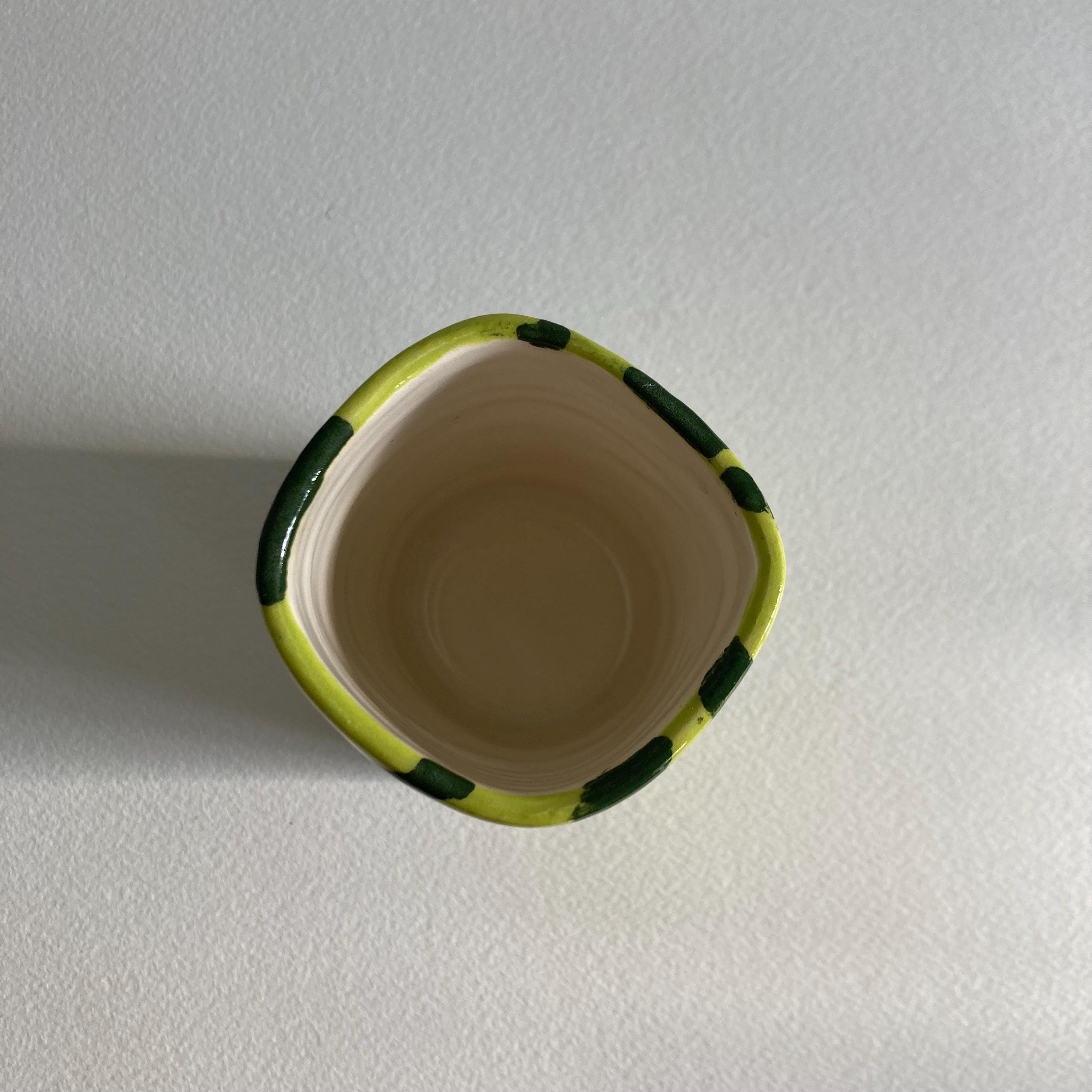 Artist Signed Ceramic Cup: Handmade Green Stripe Pen Container