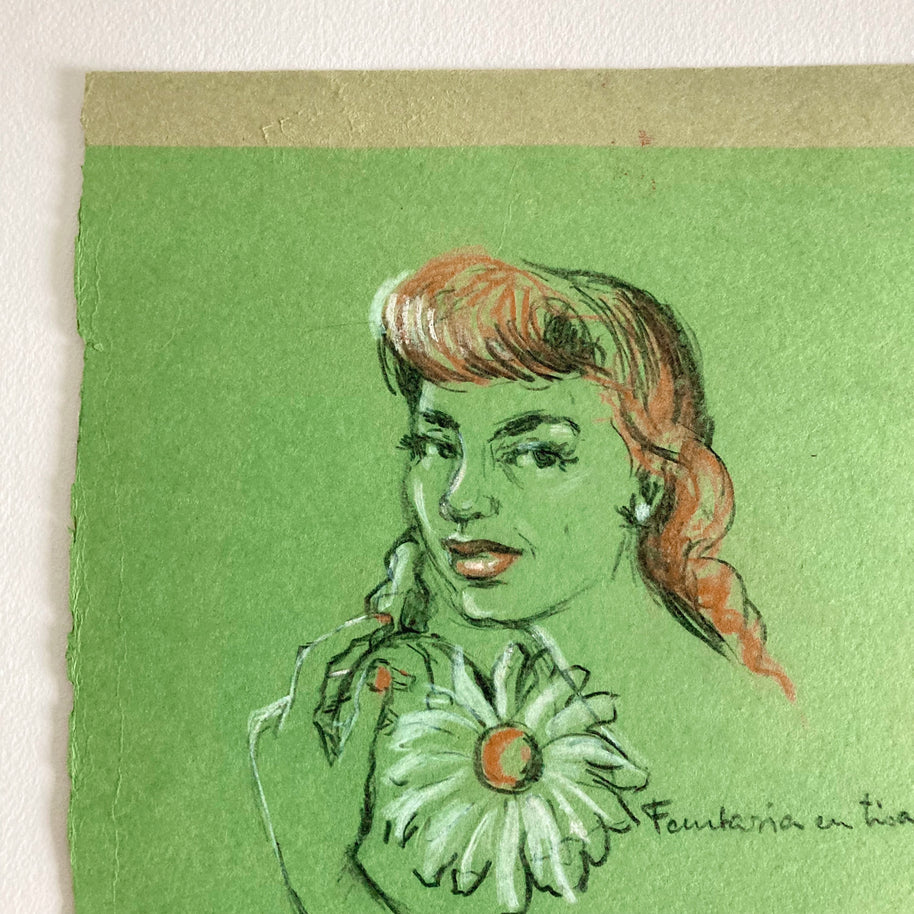 Mid-Century Pastel Portrait: Woman with Flower, Green Paper (12x8)