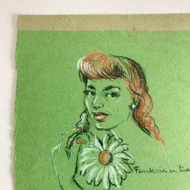 Mid-Century Pastel Portrait: Woman with Flower, Green Paper (12x8)