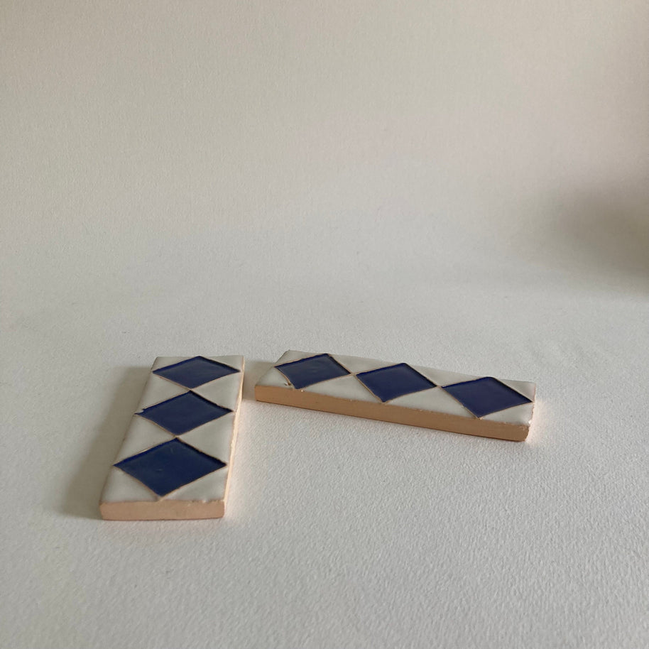 Pair of Handmade Ceramic Accent Tiles: Blue Diamond Pattern, 20th Century