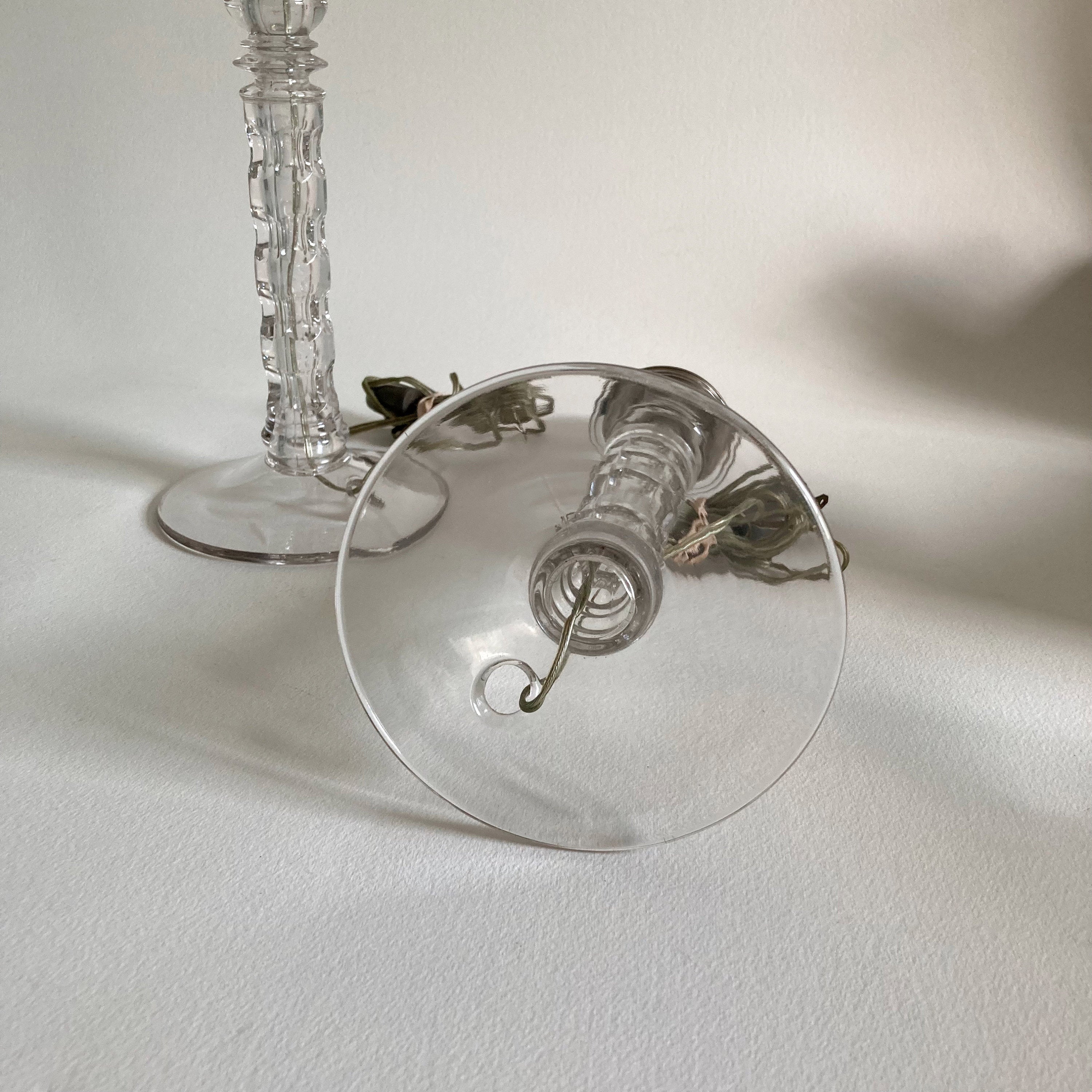 Vintage Clear Glass Table Lamps: Geometric Stem Design, Set of 2