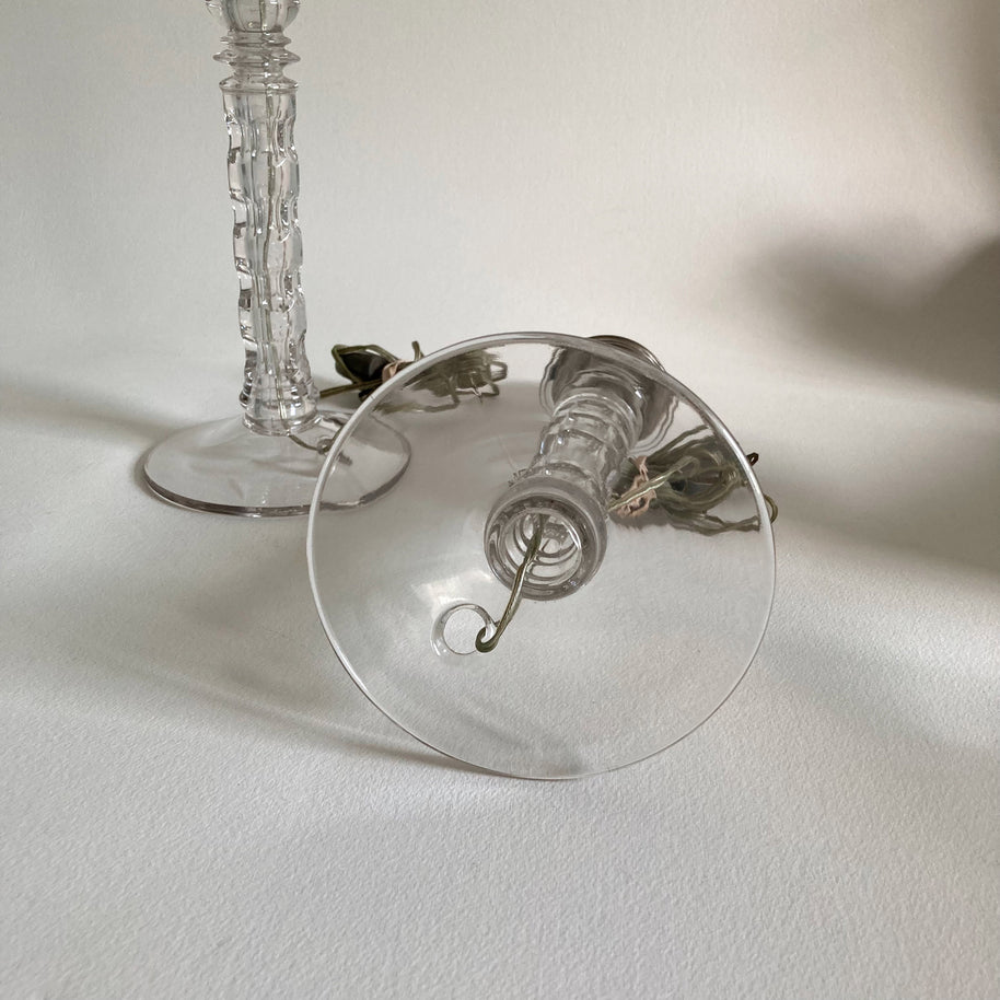 Vintage Clear Glass Table Lamps: Geometric Stem Design, Set of 2