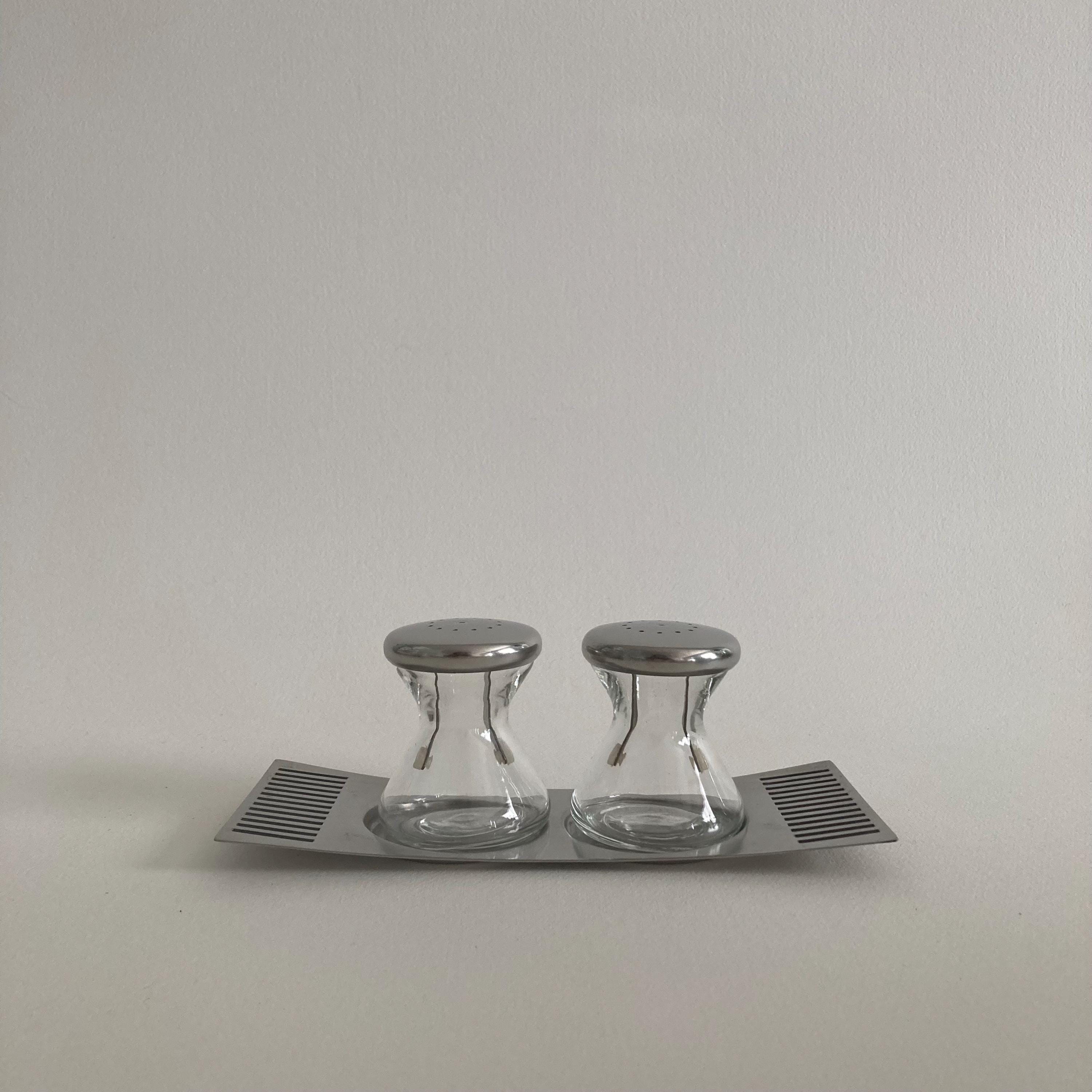 Mid Century Modern Glass and Metal Hourglass Salt & Pepper Shaker Set with Tray - BB Sweden - Bowtie Tray - Vintage Salt and Pepper Shakers
