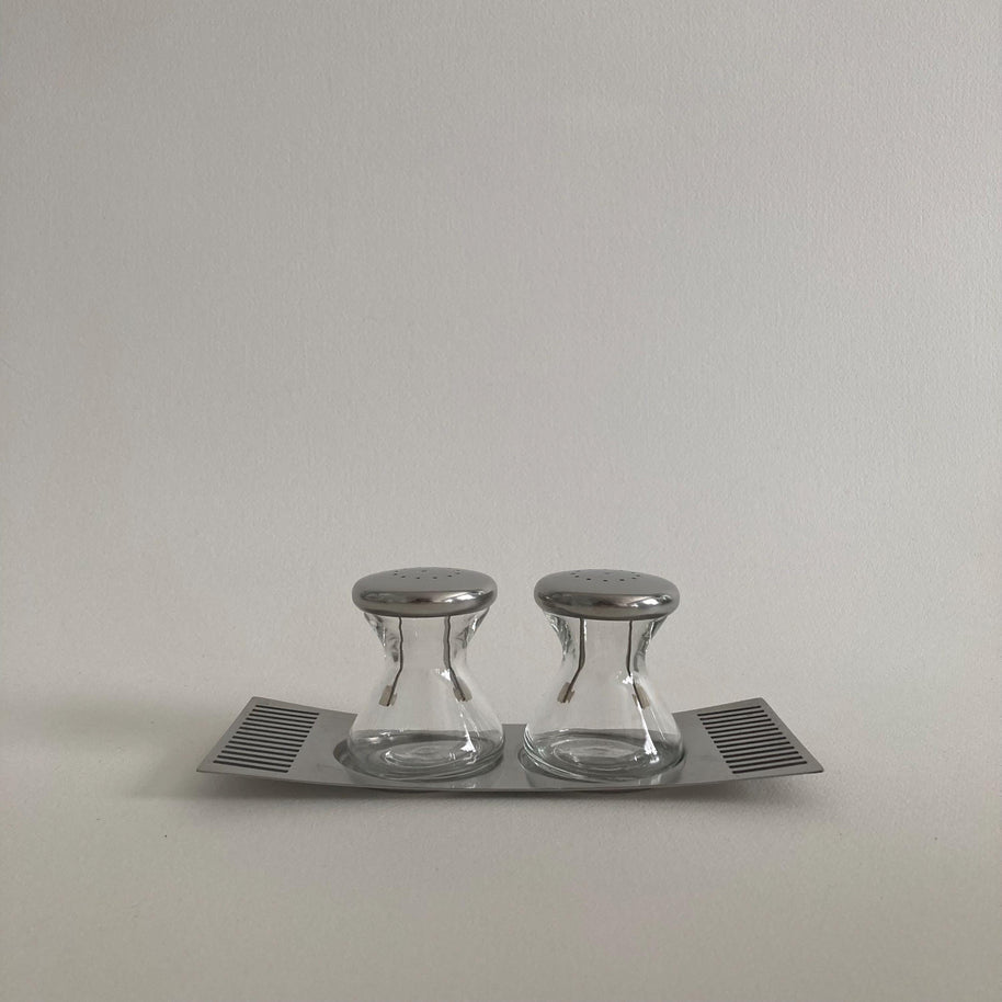 Mid Century Modern Glass and Metal Hourglass Salt & Pepper Shaker Set with Tray - BB Sweden - Bowtie Tray - Vintage Salt and Pepper Shakers