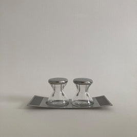Mid Century Modern Glass and Metal Hourglass Salt & Pepper Shaker Set with Tray - BB Sweden - Bowtie Tray - Vintage Salt and Pepper Shakers