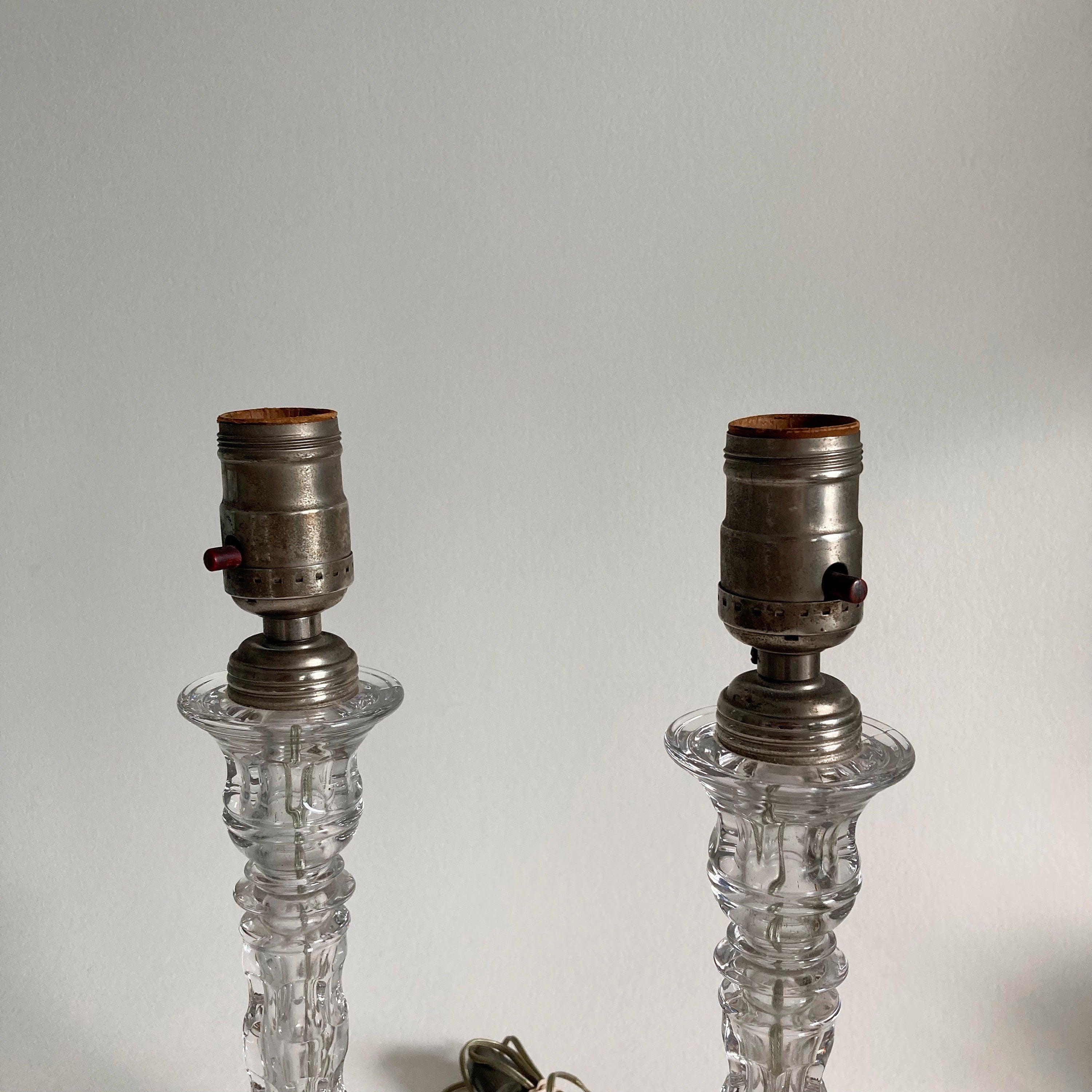 Vintage Clear Glass Table Lamps: Geometric Stem Design, Set of 2