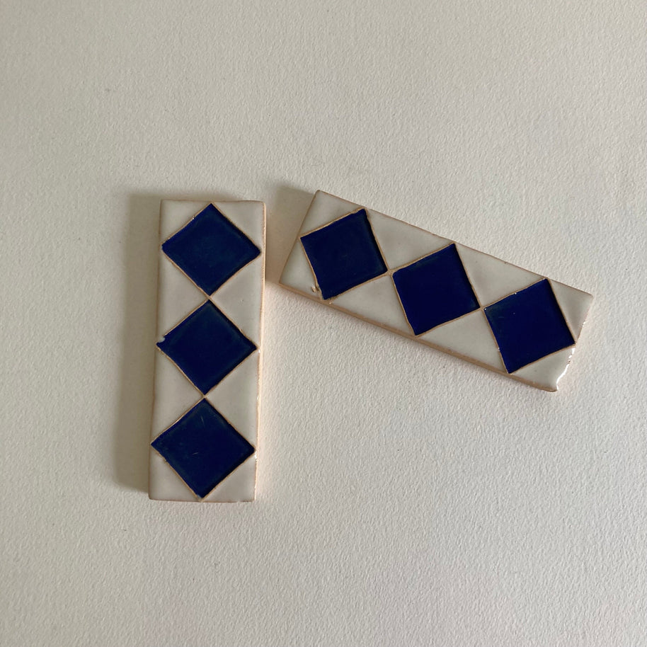 Pair of Handmade Ceramic Accent Tiles: Blue Diamond Pattern, 20th Century
