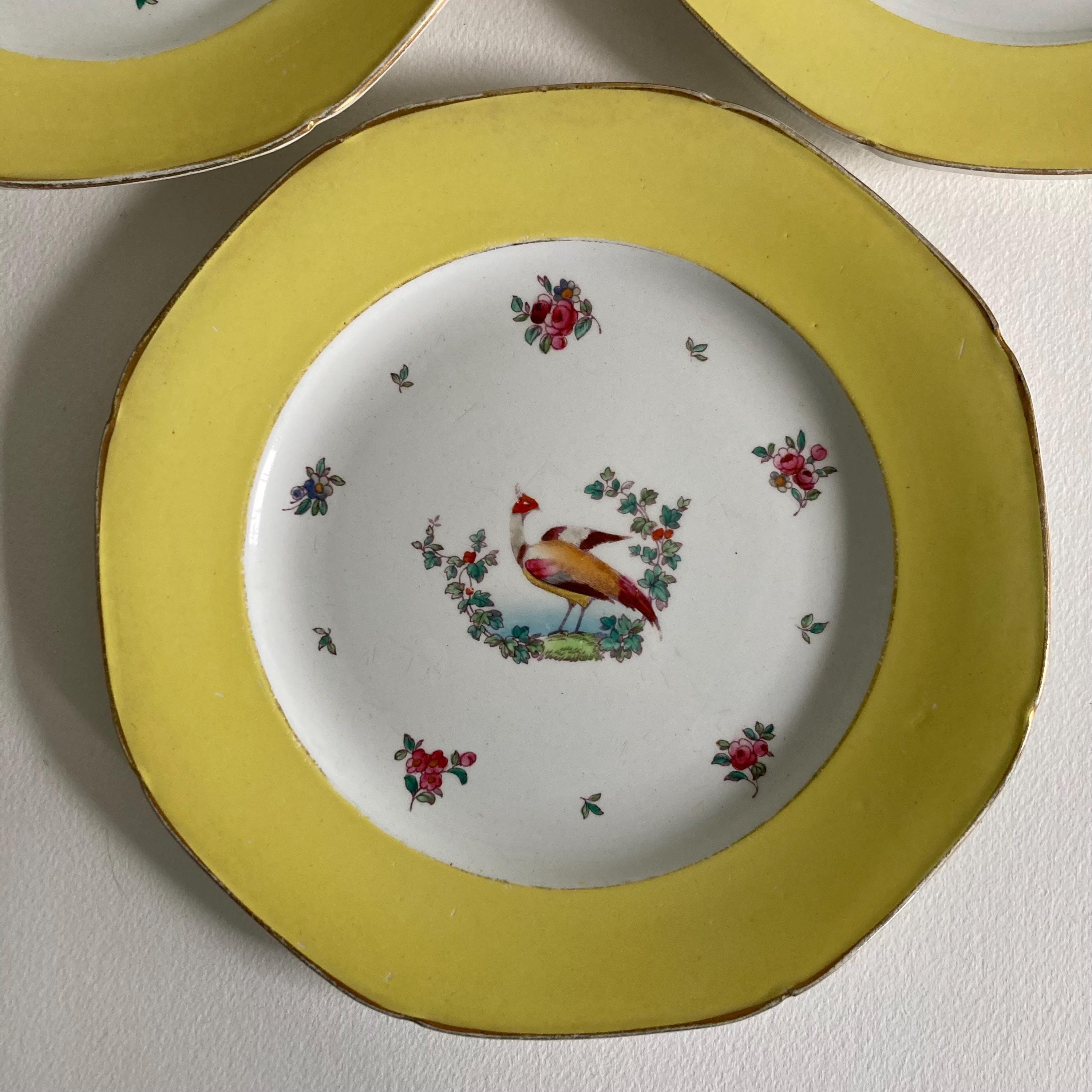 1920s Whieldon Ware Plates (Set of 3): Old Bow Bird & Floral Motif