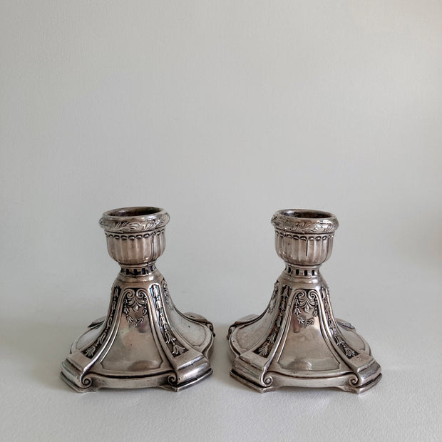 Edwardian Silver Plate Candlesticks - Floral Swag Design - Circa 1900