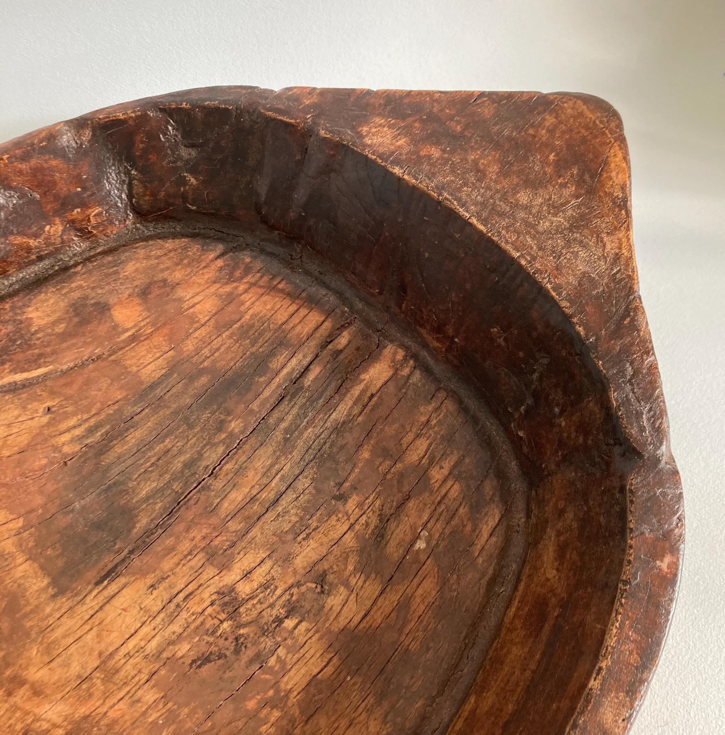 Vintage Indian Attributed Chapati Bowl: Large Patinated Wood Centerpiece