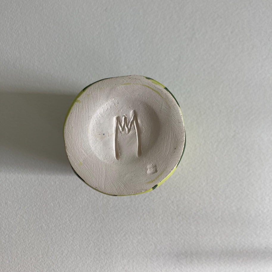 Artist Signed Ceramic Cup: Handmade Green Stripe Pen Container