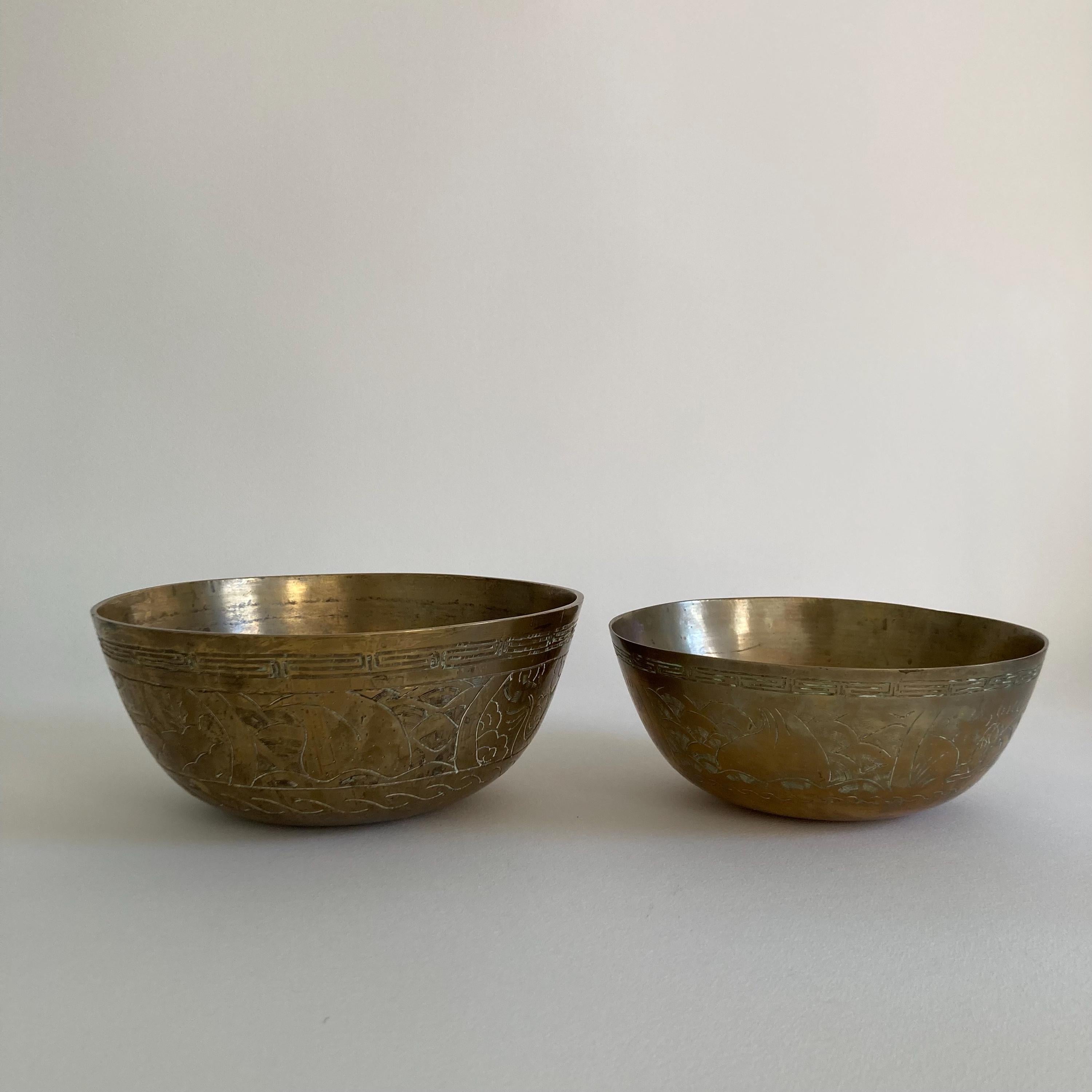 Vintage Chinese Brass Bowls - Dragon & Animal Etchings - Set of 2