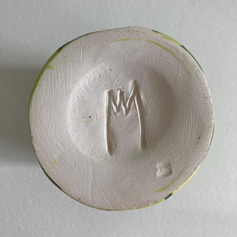 Artist Signed Ceramic Cup: Handmade Green Stripe Pen Container