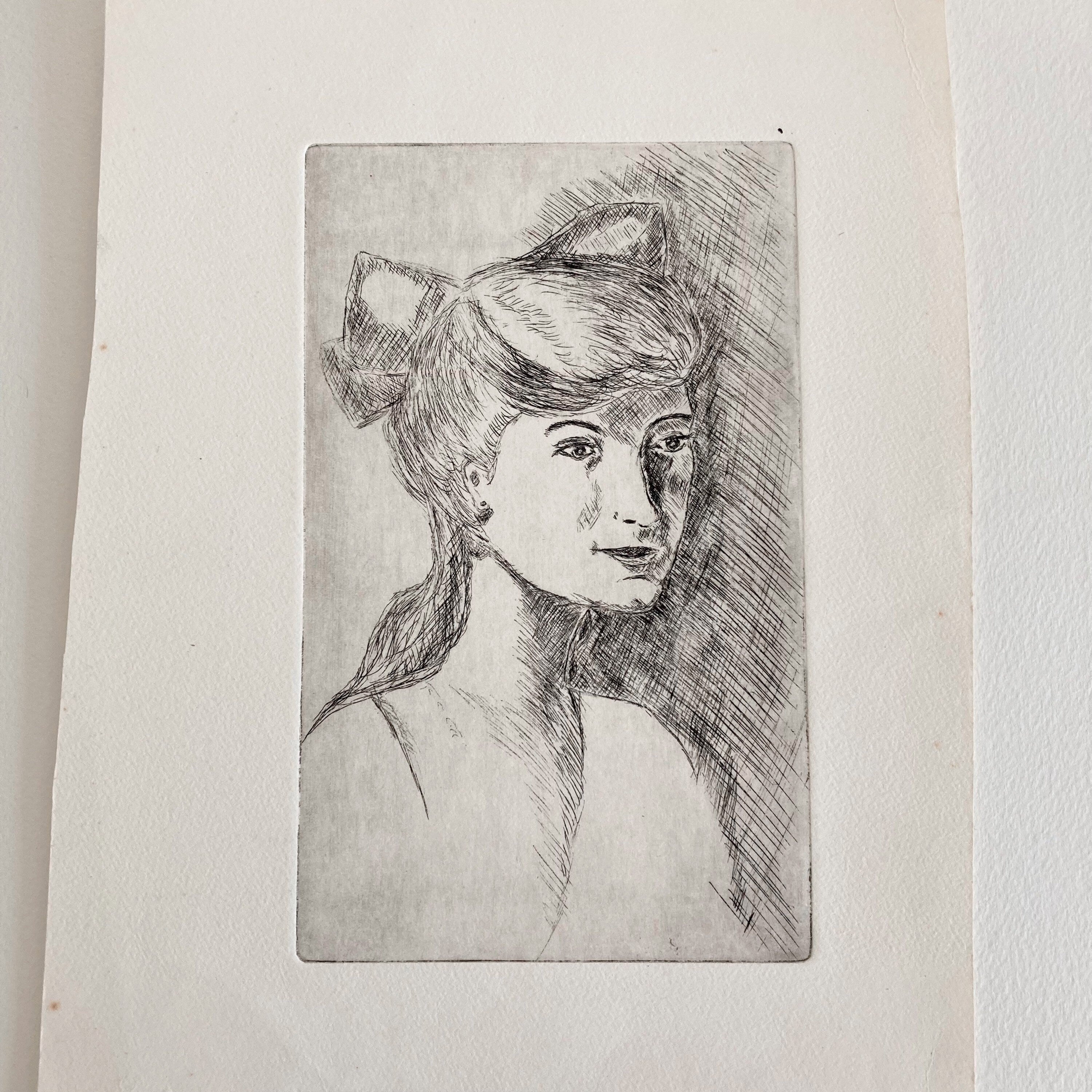 Mid-Century Etching: Young Woman Portrait, 1950s Female Artwork